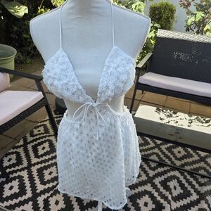 Sabo White Crochet Halter Mini Dress Sm